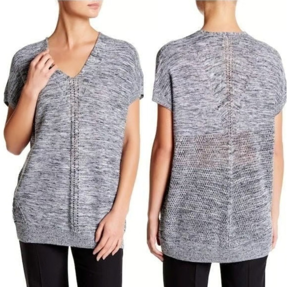 Vince Marled Knit V Neck Short Sleeve Tunic Sweater Top Navy White Size XS‎